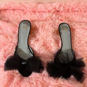 Frances Valentine Black Mules with Tulle Bow